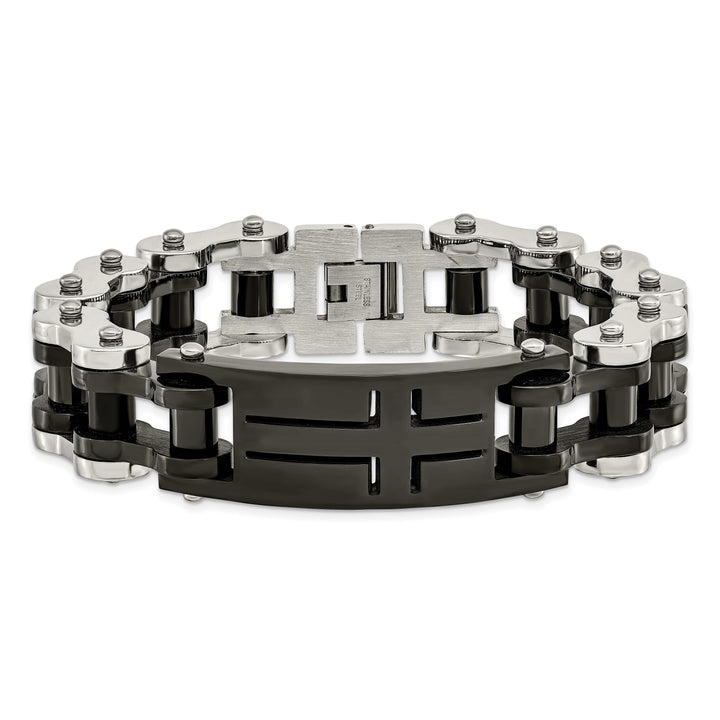 Chisel Stainless Steel Polished Black IP-plated 9" Cross ID Bracelet