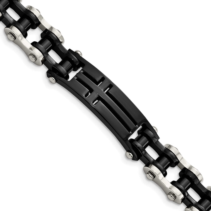 Chisel Stainless Steel Polished Black IP-plated 9" Cross ID Bracelet