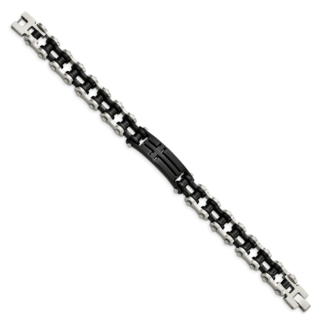 Chisel Stainless Steel Polished Black IP-plated 9" Cross ID Bracelet