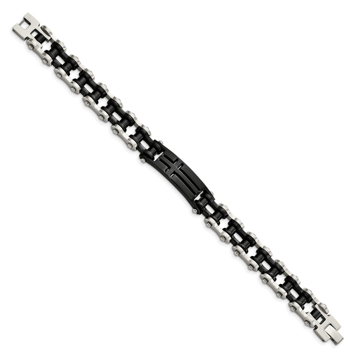 Chisel Stainless Steel Polished Black IP-plated 9" Cross ID Bracelet