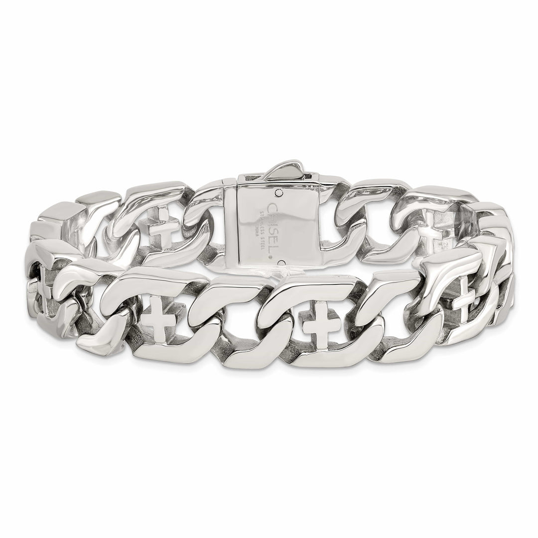 Chisel Stainless Steel Polished Crosses 8.5 inch Link Bracelet