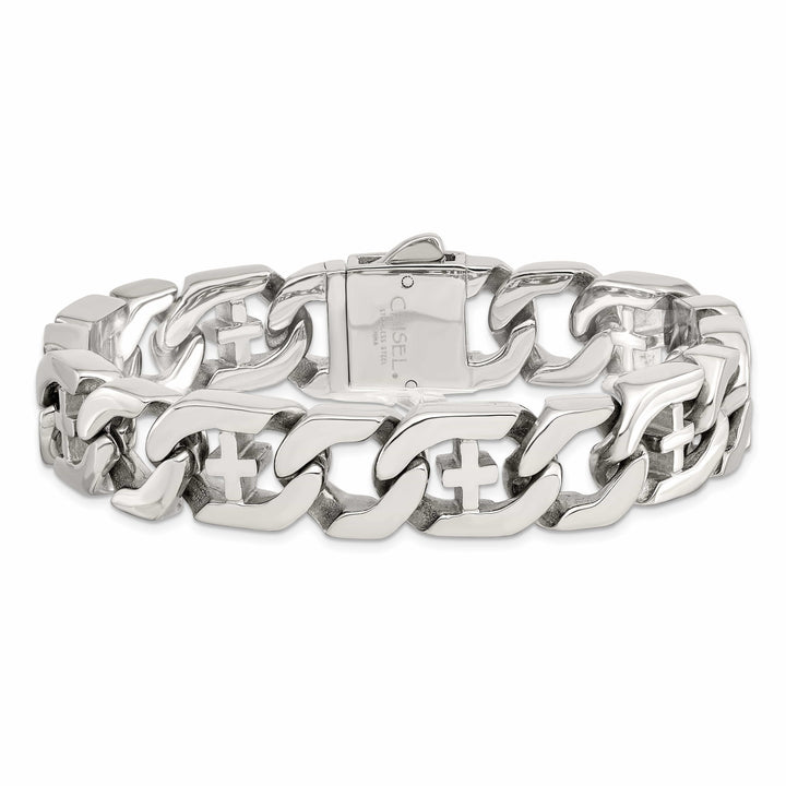 Chisel Stainless Steel Polished Crosses 8.5 inch Link Bracelet