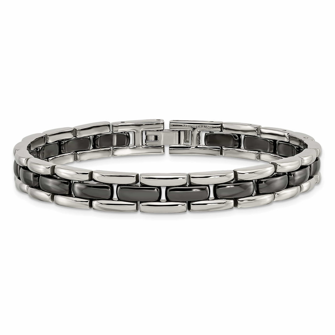 Chisel Stainless Steel Polished with Black Ceramic 8" Link Bracelet