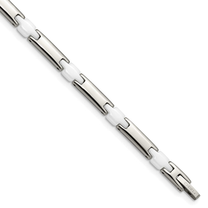 Chisel Stainless Steel Polished with White Ceramic 7.5" Link Bracelet