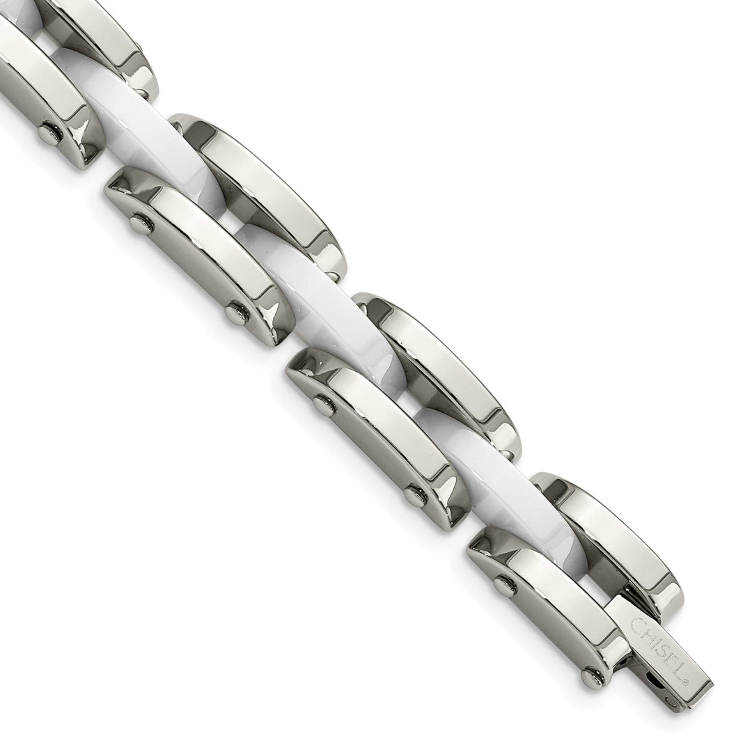 Chisel Stainless Steel Polished with White Ceramic 7.5" Link Bracelet