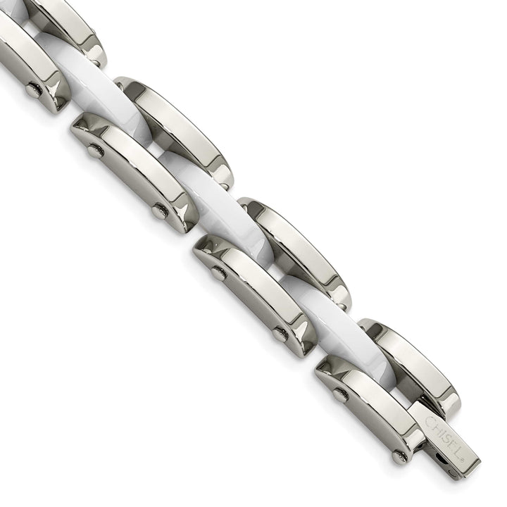 Chisel Stainless Steel Polished with White Ceramic 7.5" Link Bracelet