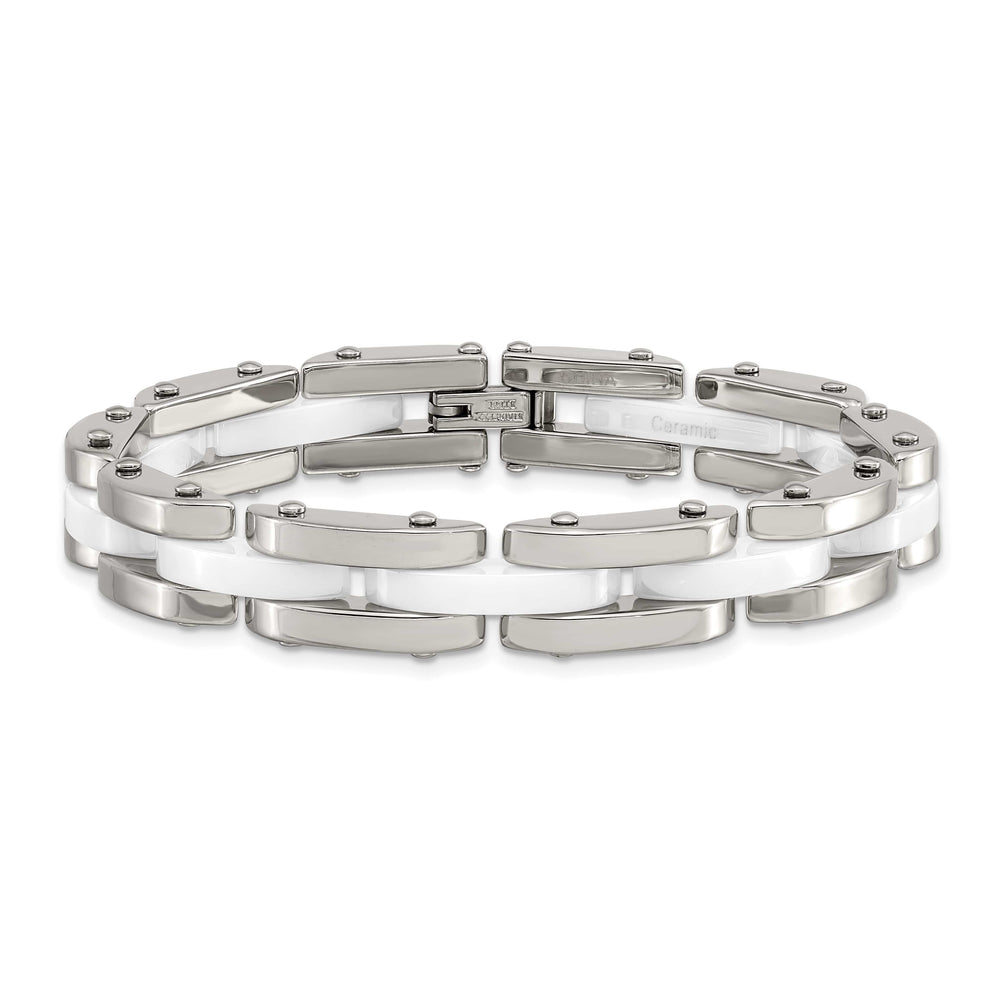 Chisel Stainless Steel Polished with White Ceramic 7.5" Link Bracelet