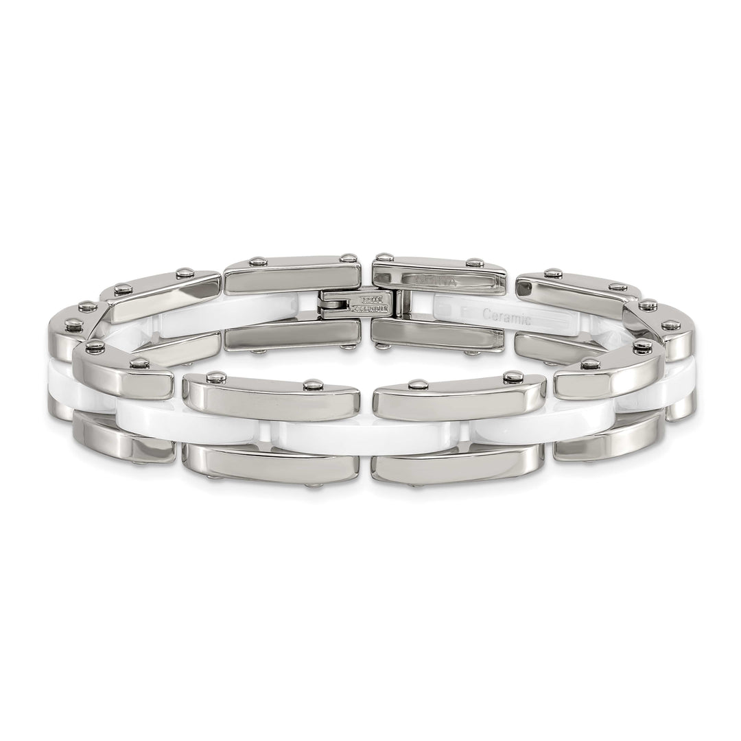 Chisel Stainless Steel Polished with White Ceramic 7.5" Link Bracelet