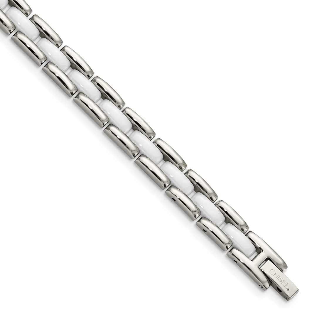 Chisel Stainless Steel Polished with White Ceramic 8" Link Bracelet