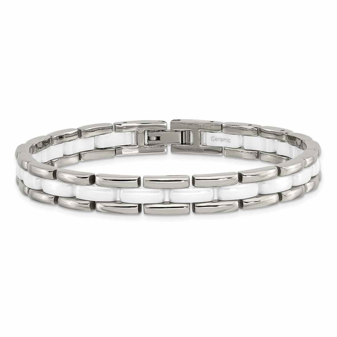 Chisel Stainless Steel Polished with White Ceramic 8" Link Bracelet