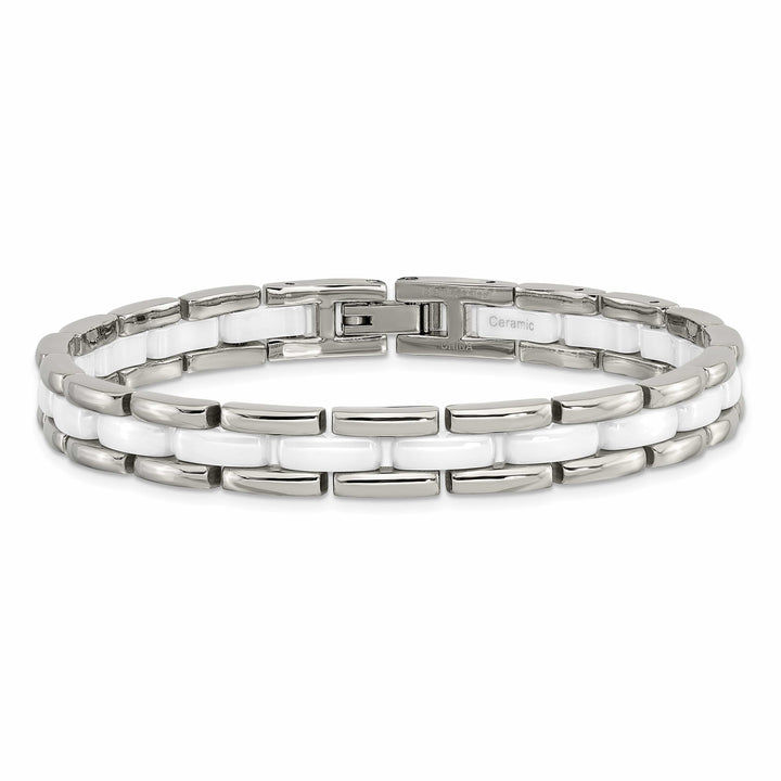 Chisel Stainless Steel Polished with White Ceramic 8" Link Bracelet