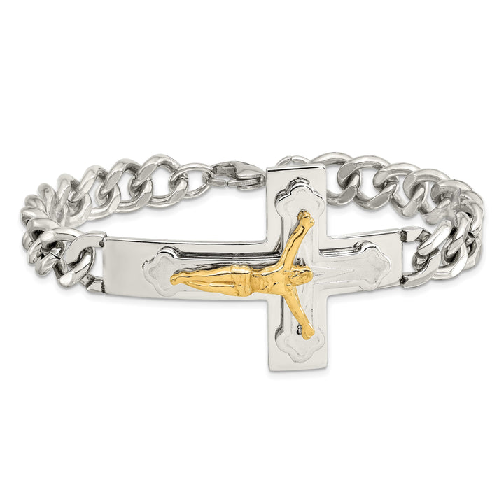 Chisel Stainless Steel Polished Yellow IP-plated Crucifix 8" Bracelet