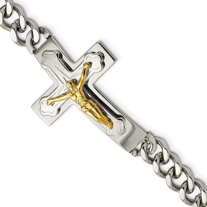 Chisel Stainless Steel Polished Yellow IP-plated Crucifix 8" Bracelet