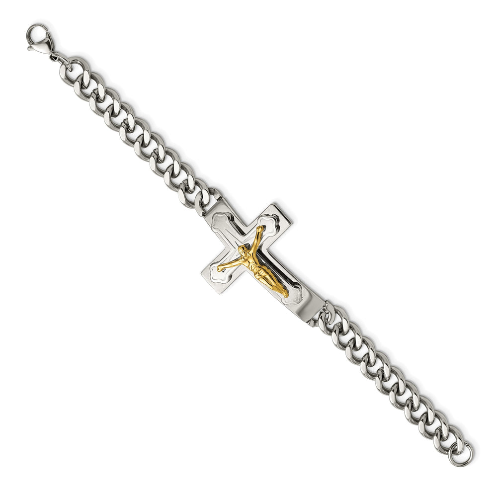 Chisel Stainless Steel Polished Yellow IP-plated Crucifix 8" Bracelet