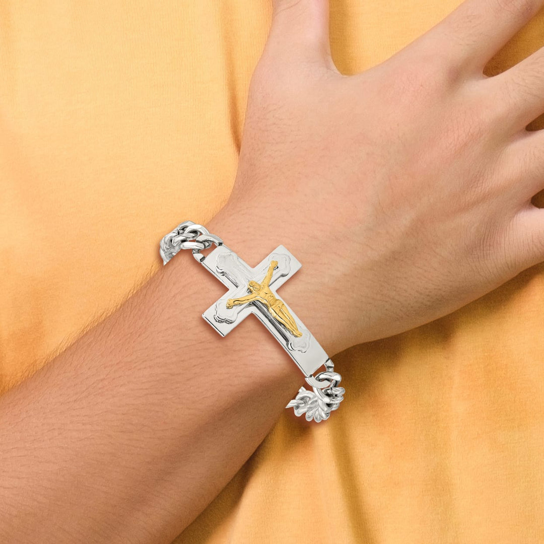Chisel Stainless Steel Polished Yellow IP-plated Crucifix 8" Bracelet