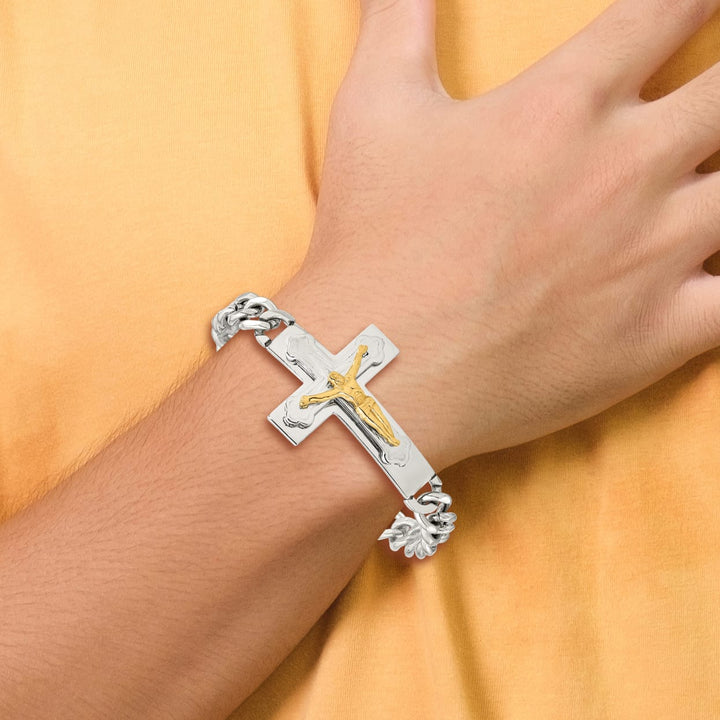 Chisel Stainless Steel Polished Yellow IP-plated Crucifix 8" Bracelet