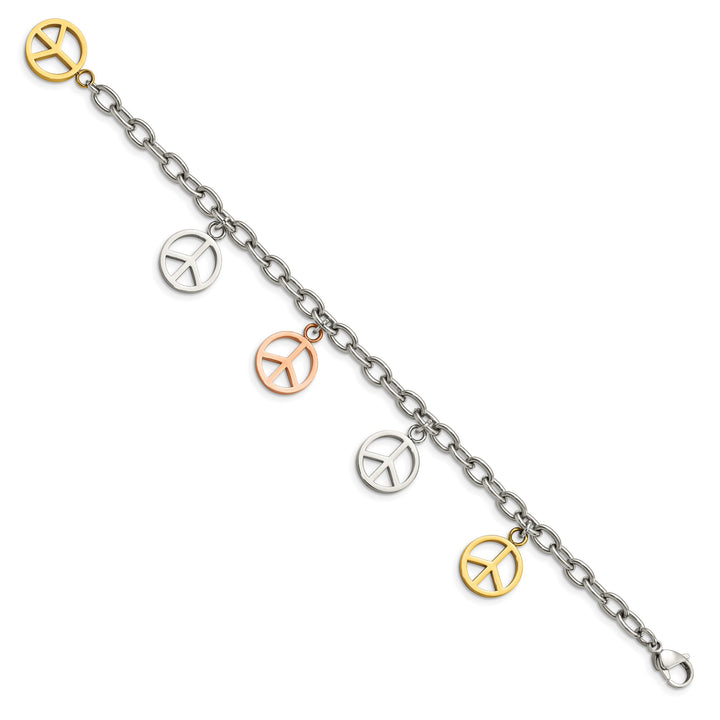 Chisel Stainless Steel Rose and Yellow IP-plated Peace Sign Bracelet