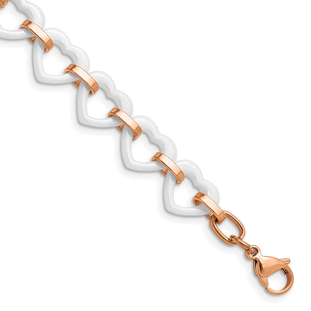 Chisel Stainless Steel Rose IP-plated with White Ceramic Heart Links