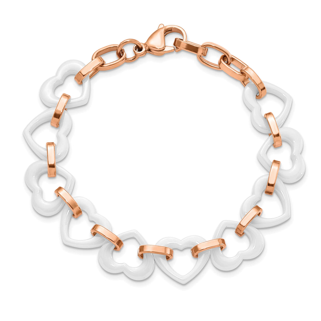 Chisel Stainless Steel Rose IP-plated with White Ceramic Heart Links