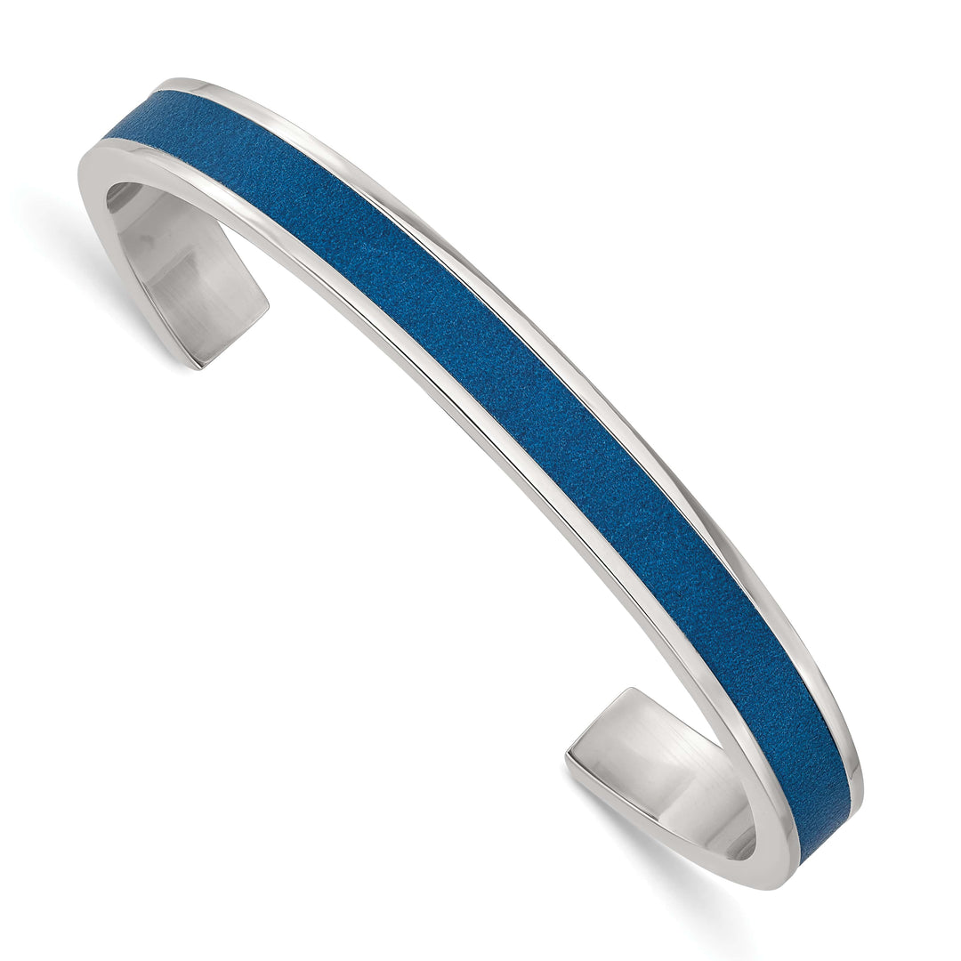 Chisel Stainless Steel with Blue Leather Inlay 8mm Cuff Bangle