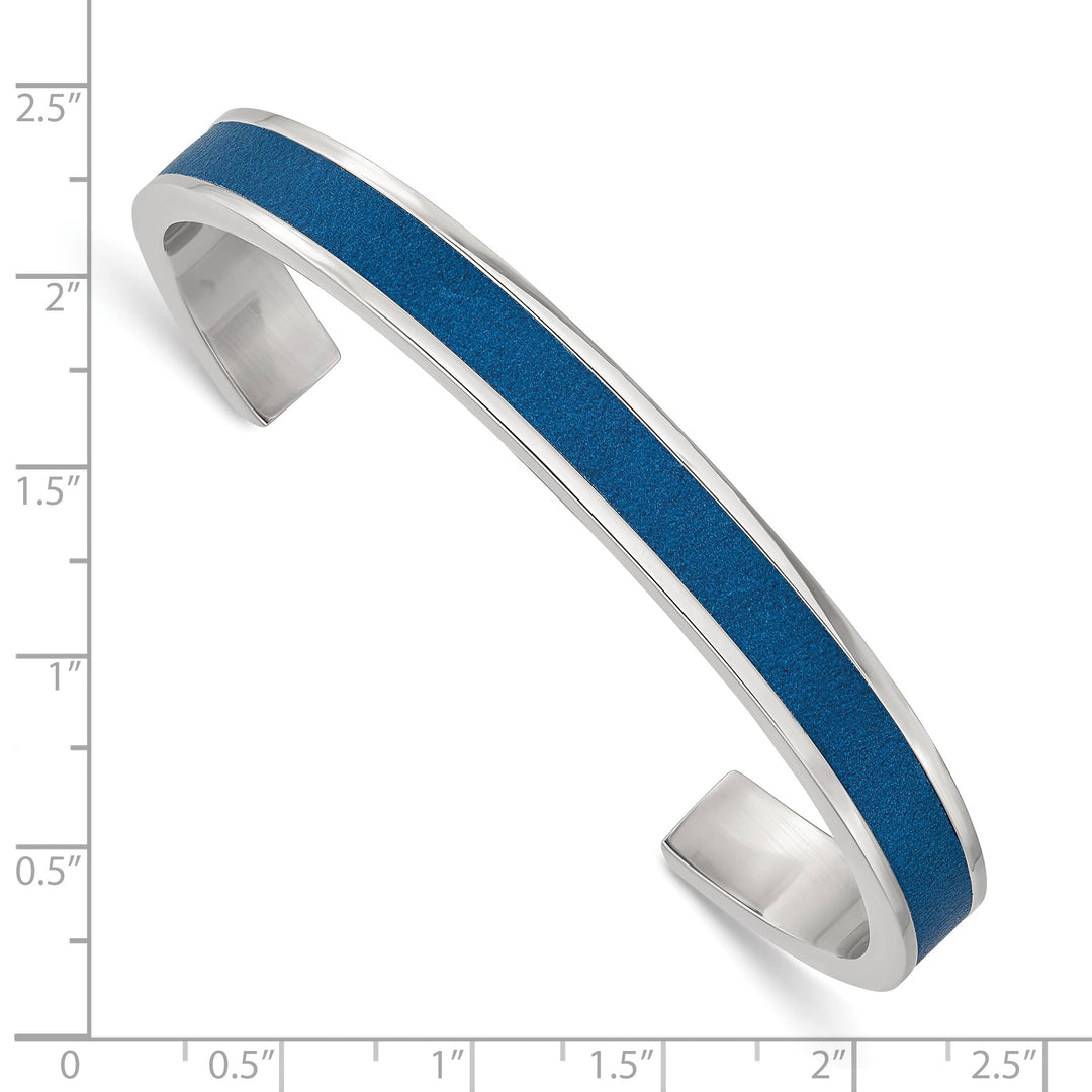 Chisel Stainless Steel with Blue Leather Inlay 8mm Cuff Bangle