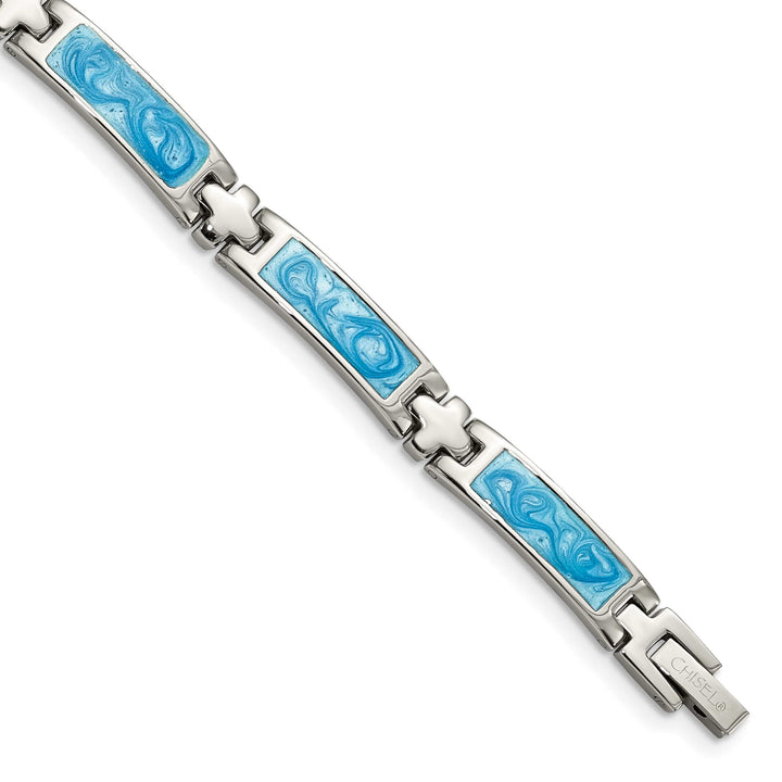 Chisel Stainless Steel with Blue Swirl Enamel 7.25" Link Bracelet