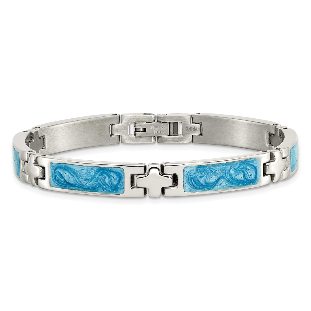 Chisel Stainless Steel with Blue Swirl Enamel 7.25" Link Bracelet