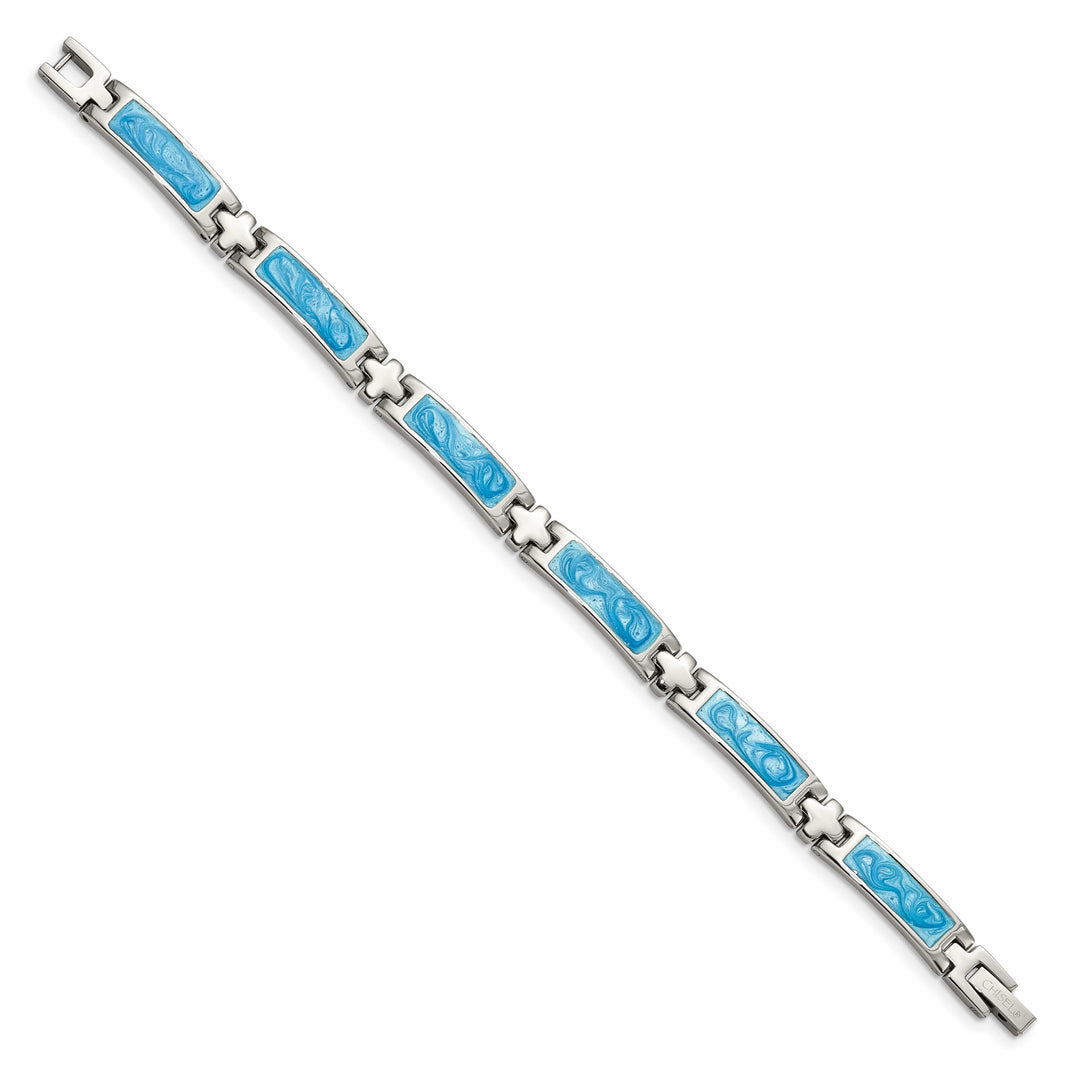 Chisel Stainless Steel with Blue Swirl Enamel 7.25" Link Bracelet