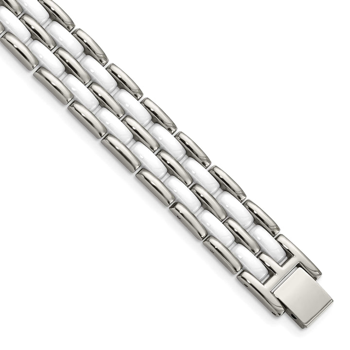Chisel Stainless Steel with Double Row White Ceramic 8.25" Bracelet