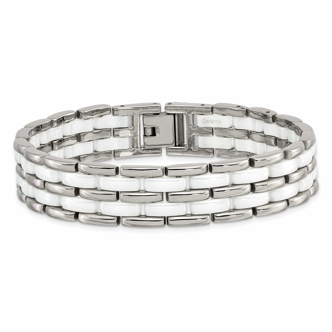 Chisel Stainless Steel with Double Row White Ceramic 8.25" Bracelet