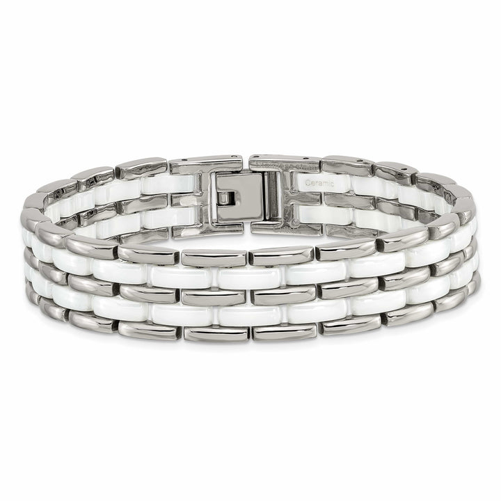 Chisel Stainless Steel with Double Row White Ceramic 8.25" Bracelet