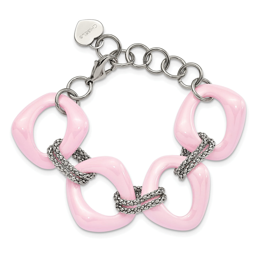 Chisel Stainless Steel with Pink Ceramic 8" Open Link Bracelet