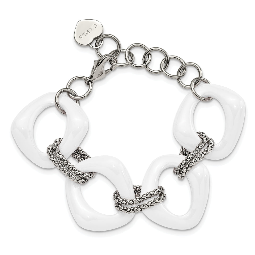 Chisel Stainless Steel with White Ceramic 8" Open Link Bracelet