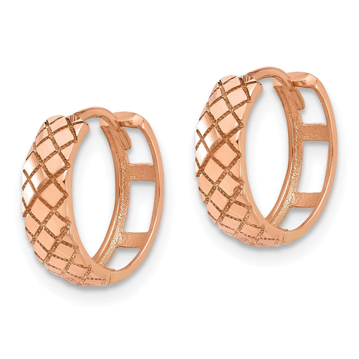 Lovely Rita's Earrings 14K Rose Gold Delicate Polished 13.1mm and Etched Hinged Hoop Earrings