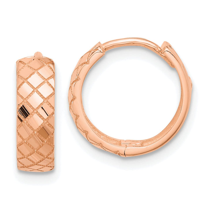 Lovely Rita's Earrings 14K Rose Gold Delicate Polished 13.1mm and Etched Hinged Hoop Earrings