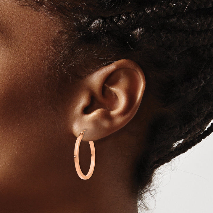 Lovely Rita's Earrings 14K Rose Gold Fine Polished 25mm Lightweight Square Tube Hoop Earrings