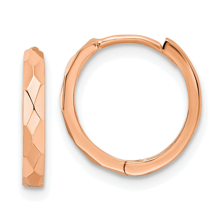 Lovely Rita's Earrings 14K Rose Gold Sleek Polished 13.85mm Faceted Hinged Hoop Earrings