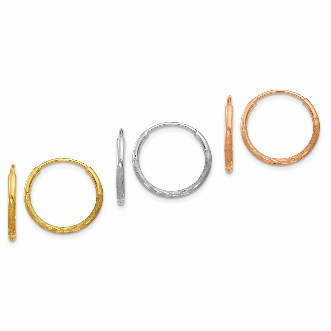 Lovely Rita's Earrings 14K Tri-Color Gold Bold Diamond-Cut Satin 12mm Endless Hoop 3-Pair Set