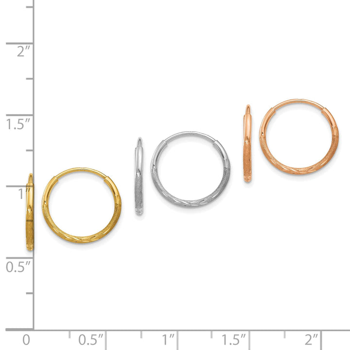 Lovely Rita's Earrings 14K Tri-Color Gold Bold Diamond-Cut Satin 12mm Endless Hoop 3-Pair Set