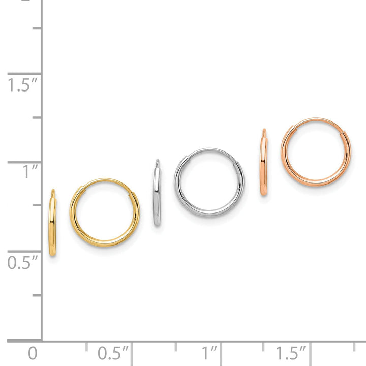 Lovely Rita's Earrings 14K Tri-Color Gold Dainty Polished 10mm Endless Hoop 3-Pair Set