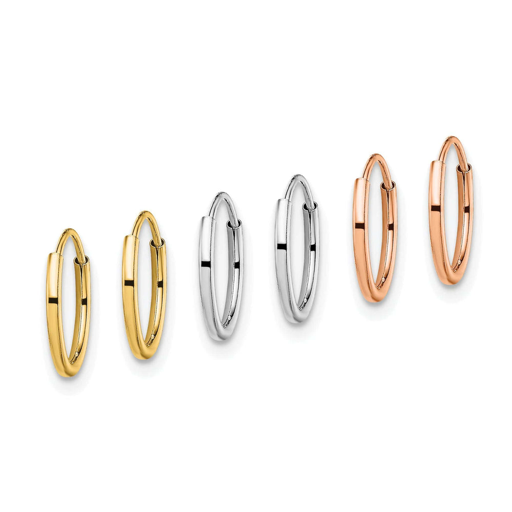 Lovely Rita's Earrings 14K Tri-Color Gold Dainty Polished 10mm Endless Hoop 3-Pair Set
