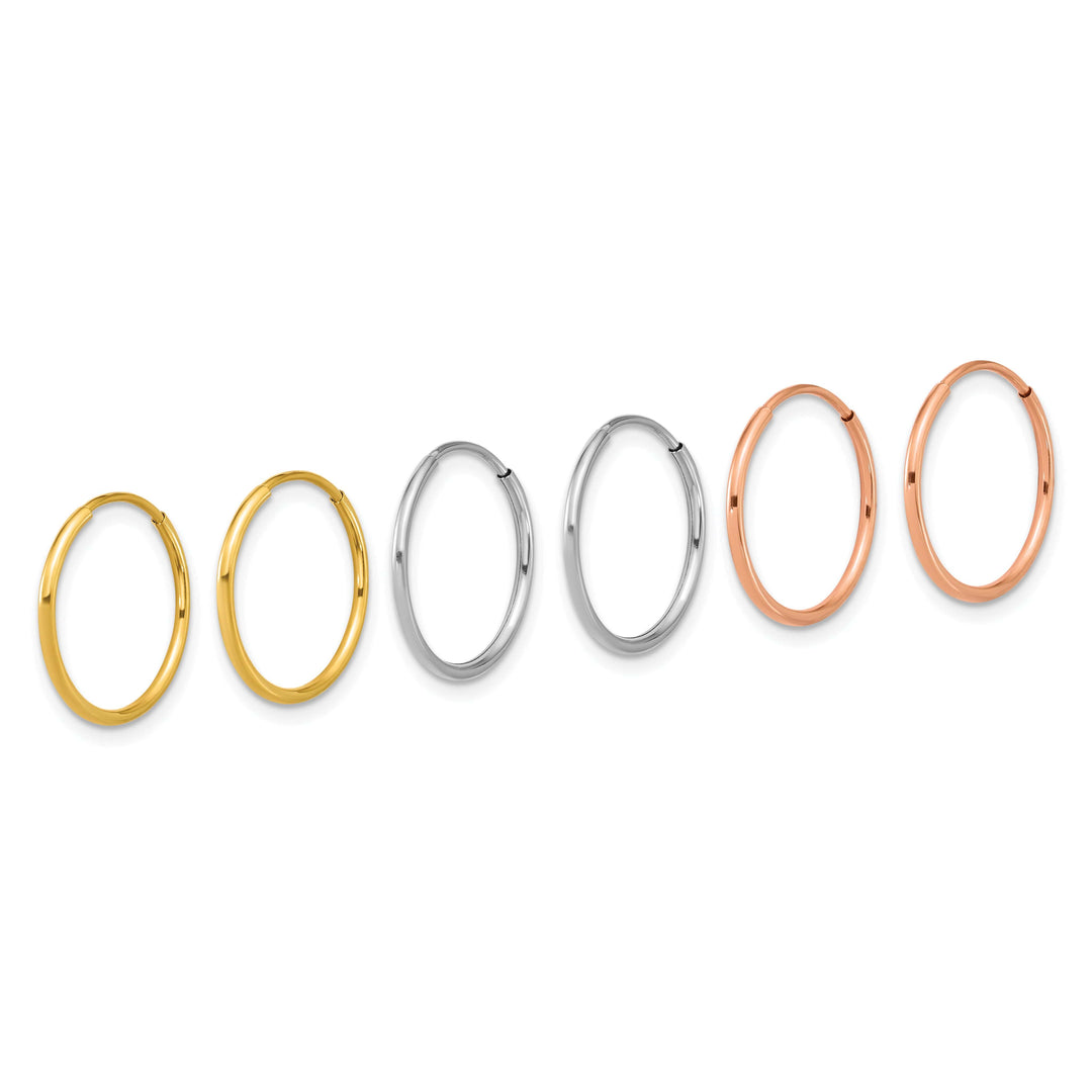 Lovely Rita's Earrings 14K Tri-Color Gold Modern Polished 16mm Endless Hoop 3-Pair Set