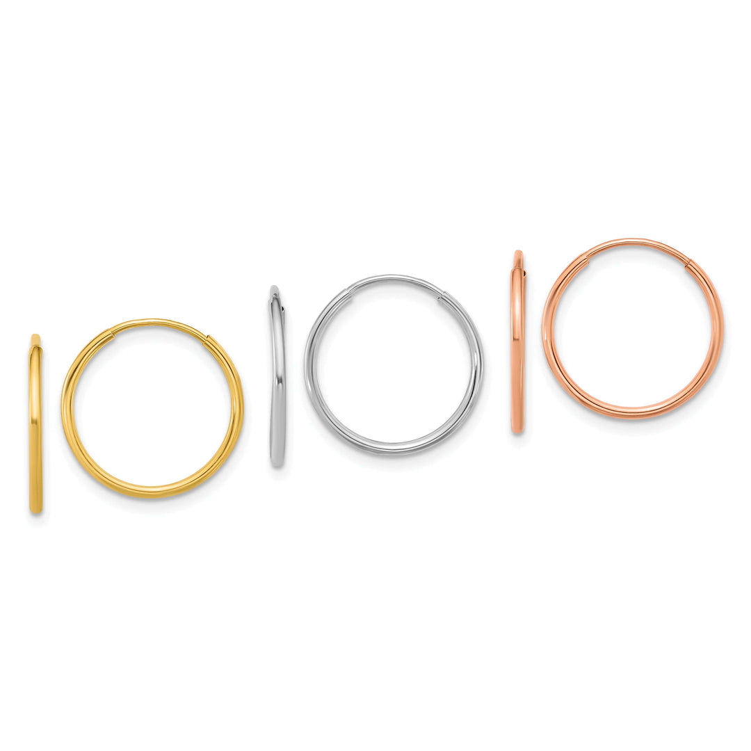 Lovely Rita's Earrings 14K Tri-Color Gold Modern Polished 16mm Endless Hoop 3-Pair Set