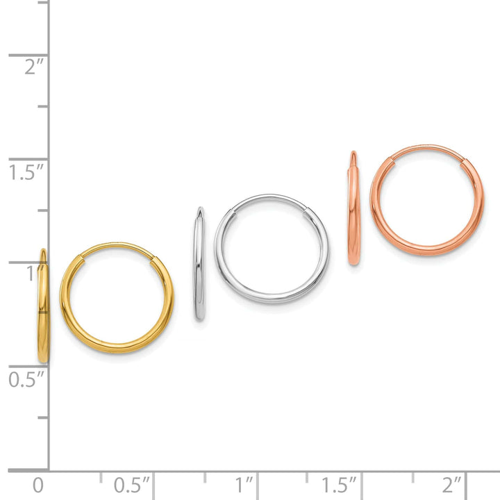 Lovely Rita's Earrings 14K Tri-Color Gold Refined Polished 14mm Endless Hoop 3-Pair Set