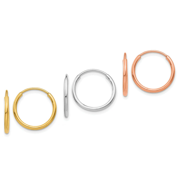 Lovely Rita's Earrings 14K Tri-Color Gold Refined Polished 14mm Endless Hoop 3-Pair Set