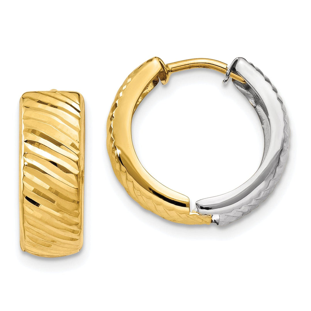 Lovely Rita's Earrings 14K Two-Tone Gold Stylish Textured 14mm Hinged Hoop Earrings
