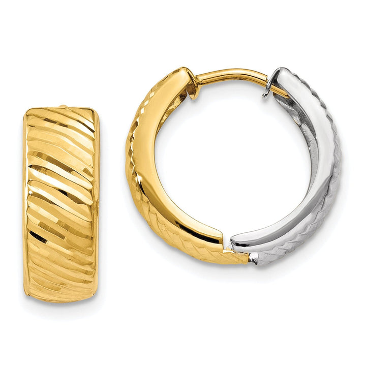 Lovely Rita's Earrings 14K Two-Tone Gold Stylish Textured 14mm Hinged Hoop Earrings