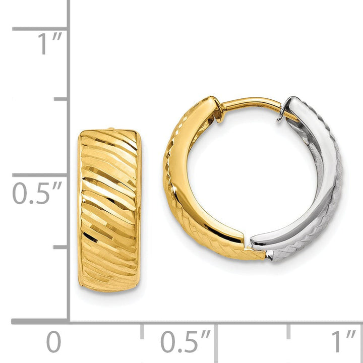 Lovely Rita's Earrings 14K Two-Tone Gold Stylish Textured 14mm Hinged Hoop Earrings