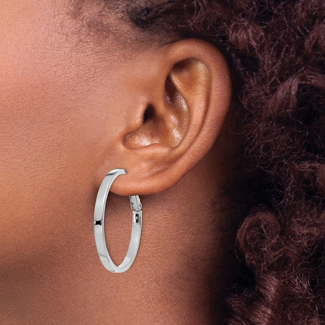 Lovely Rita's Earrings 14K White Gold Dainty Polished 35mm Square Tube Omega Hoops