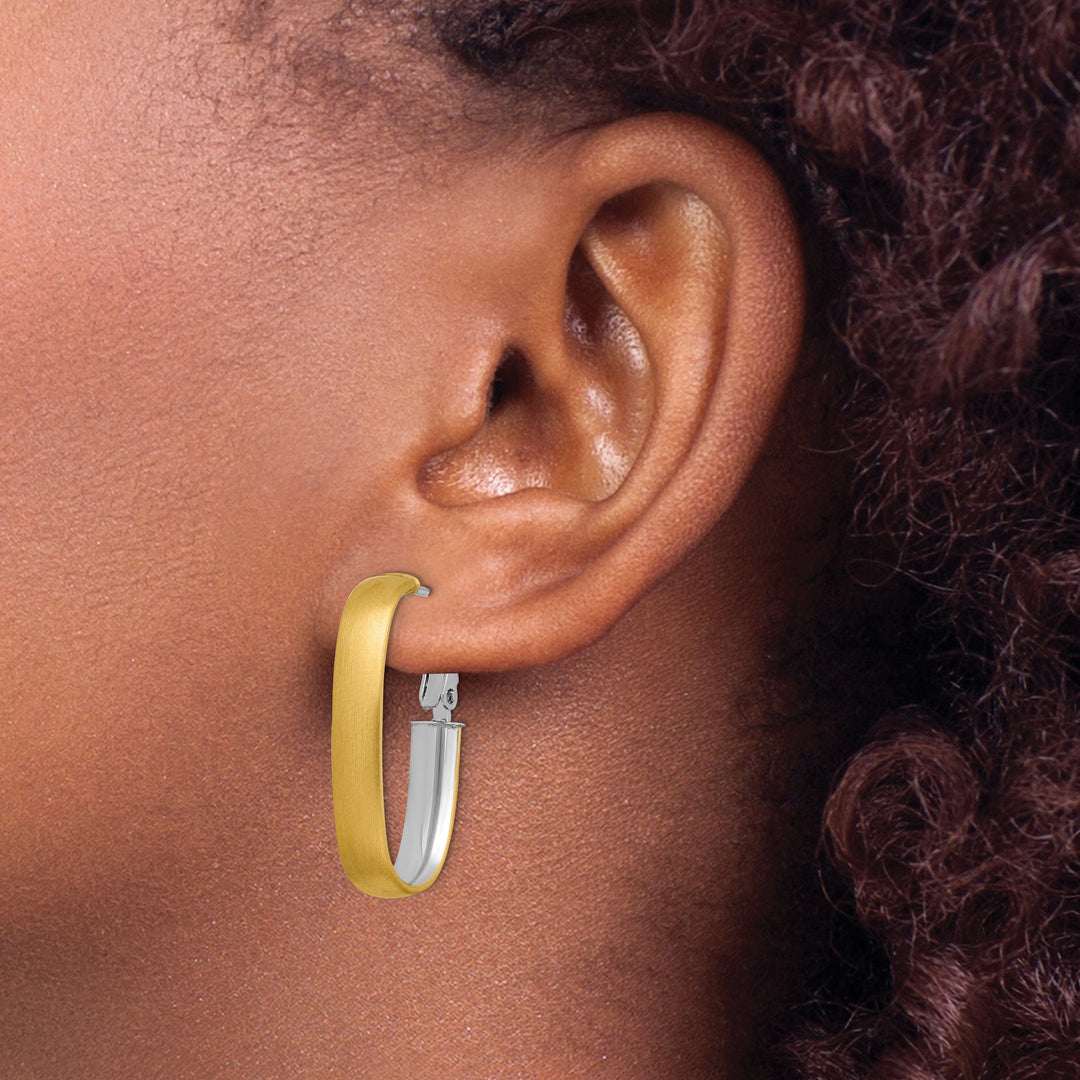 Lovely Rita's Earrings 14K Yellow Gold Classic White Rhodium Satin 15.7mm Oval Omega Hoops
